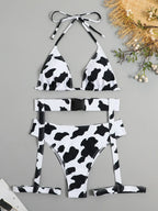 Maillot de bain 3 pièces imprimé vache soutien-gorge push up et culotte taille haute pour femmes