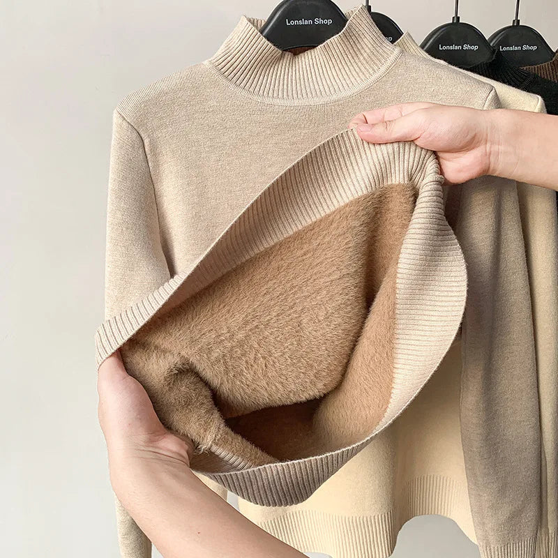 Pull à Col Montant Femme – Maille Doublée Polaire