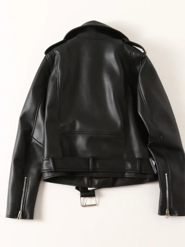 Veste en cuir noir à revers court pour femmes