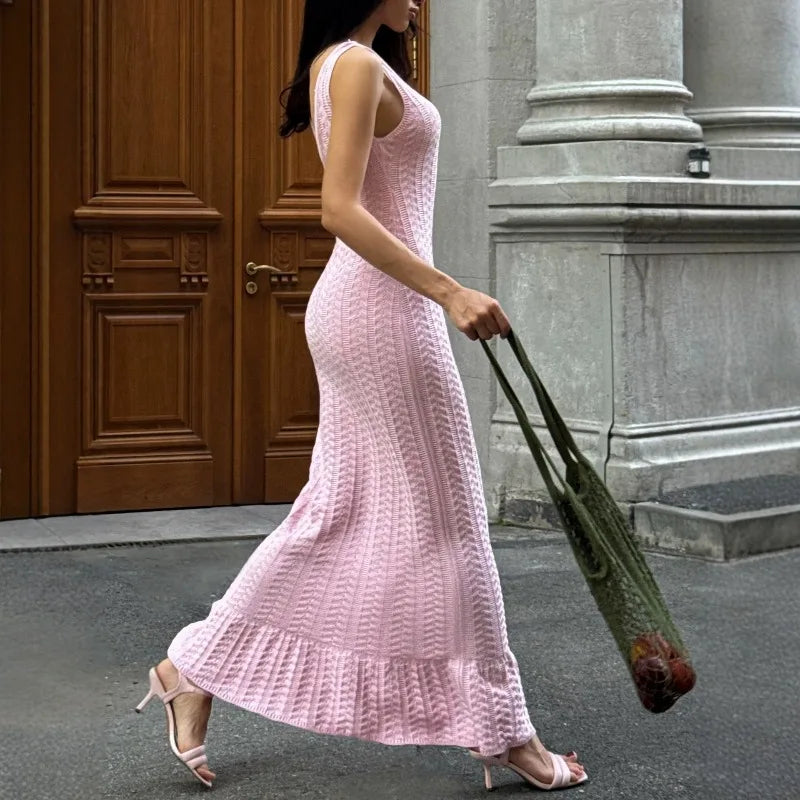 Robe Longue en Maille Texturée Femme – Fines Bretelles
