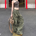 Pantalon cargo en denim à cordon de serrage imprimé camouflage pour femmes