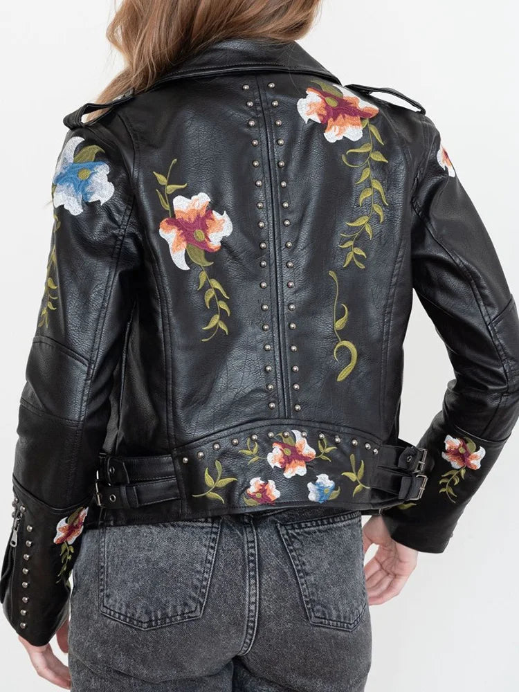 Veste courte imprimé floral vintage en similicuir pour femmes