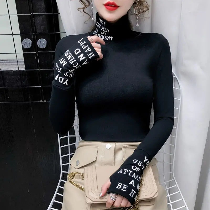 T-shirt à manches longues et col roulé en coton pour femmes