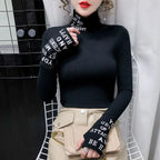 T-shirt à manches longues et col roulé en coton pour femmes