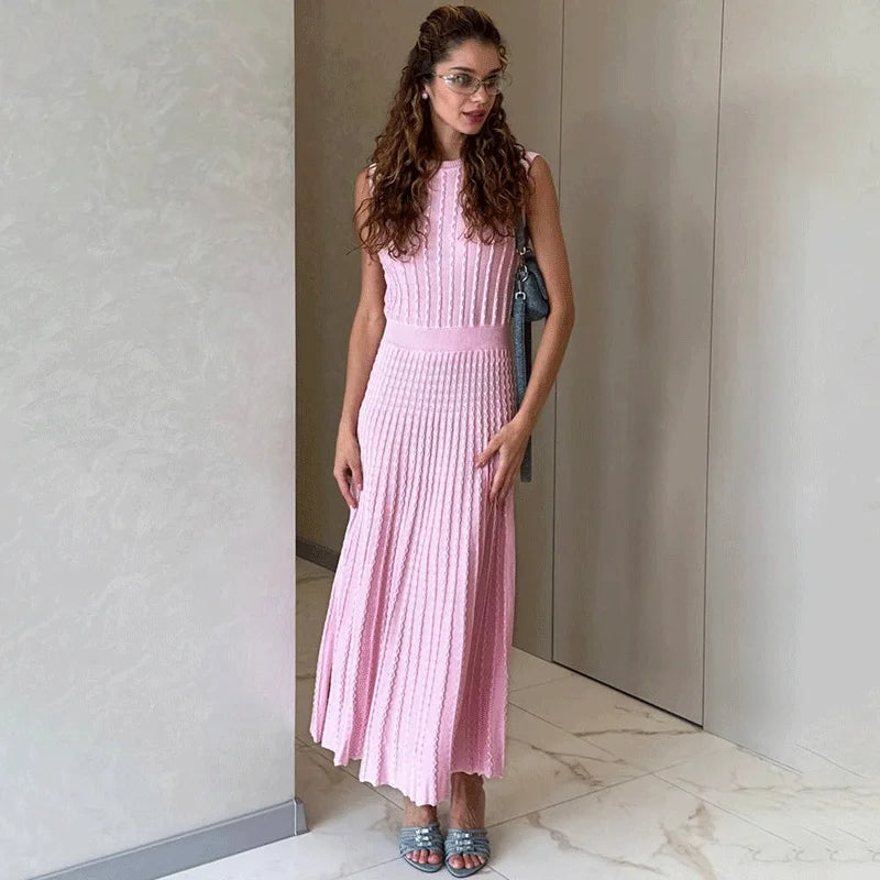 Robe Longue Femme – Maille Unie et Plissée