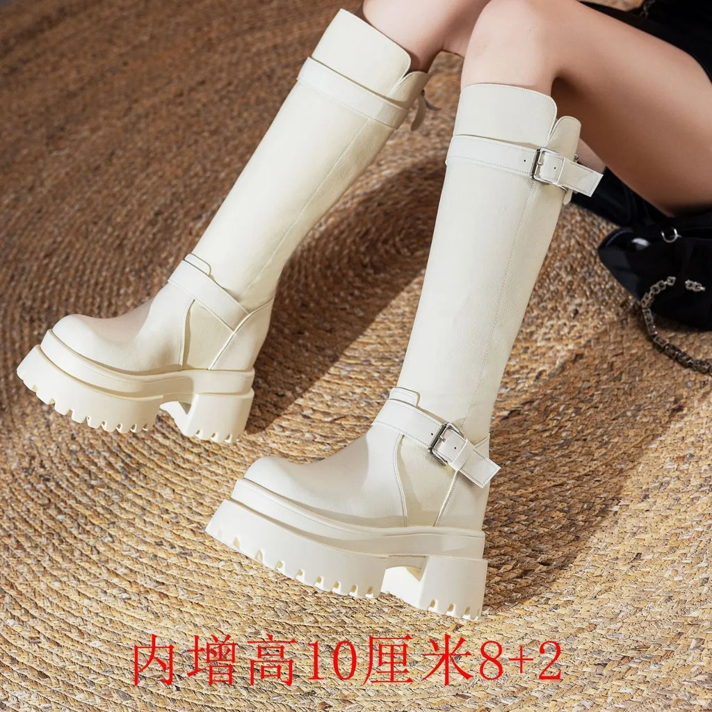 Bottes hautes en cuir véritable à fermeture éclair pour femmes