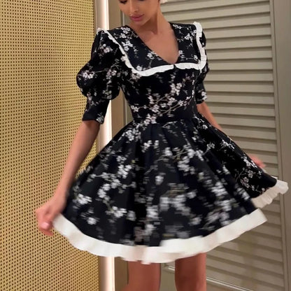 Robe d’Été Noire Femme – Imprimé et Col Claudine