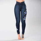 Jeans brodés taille haute pour femmes