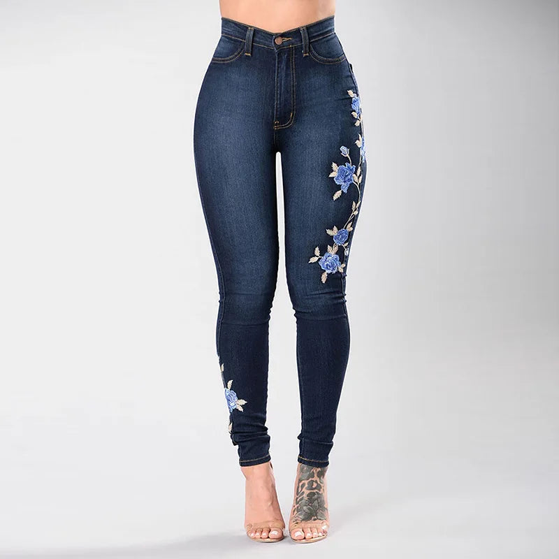 Jeans brodés taille haute pour femmes