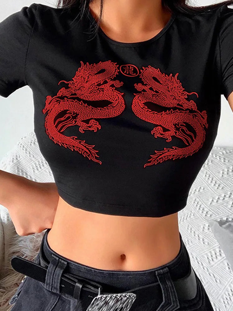 T-shirt à manches courtes imprimé dragon pour femmes