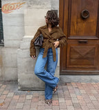 Veste plissée en daim marron pour femmes