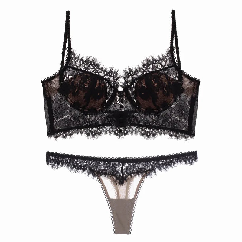 Ensemble soutien-gorge et string en dentelle ultra fine pour femmes