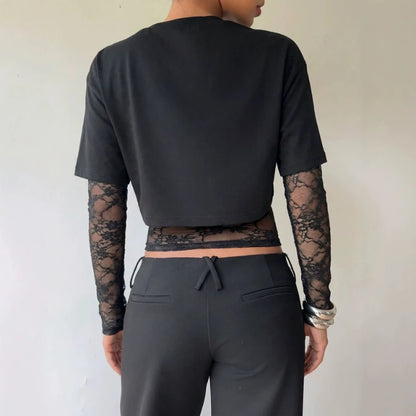 T-shirt Ajusté Femme – Manches Longues et Dentelle