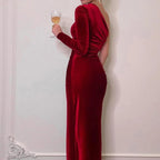 Robe mi-longue crayon et fendue en velours et manches longues pour femmes