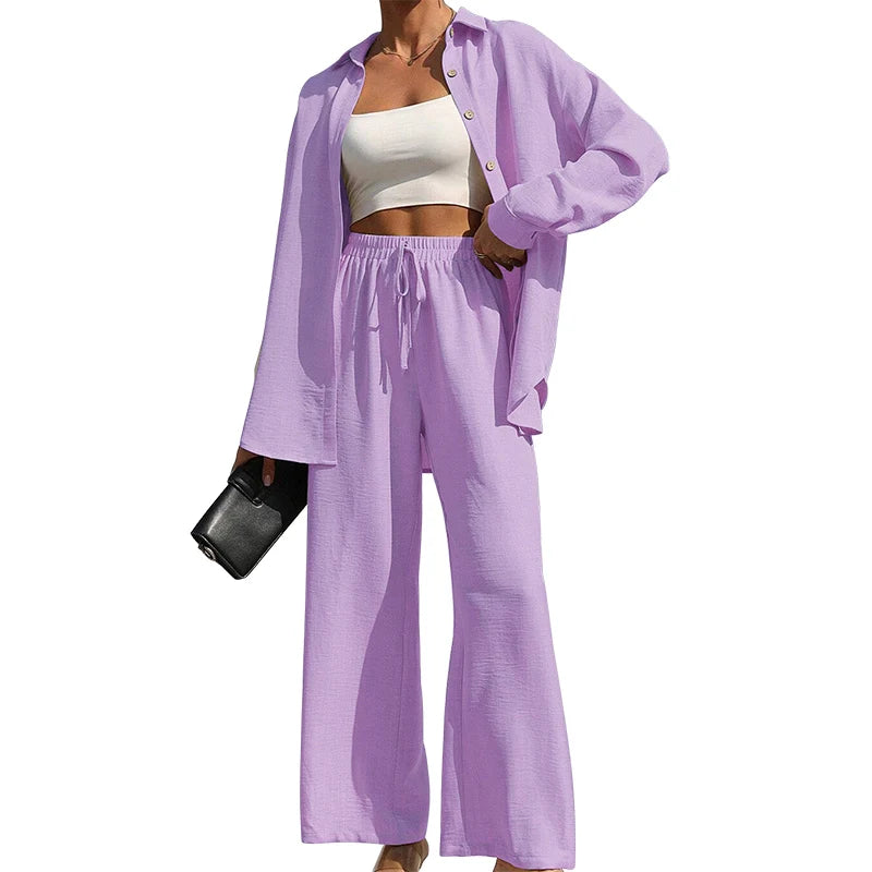 Ensemble deux pièces chemise boutonnée unie et pantalon large à nouer sur le devant pour femmes