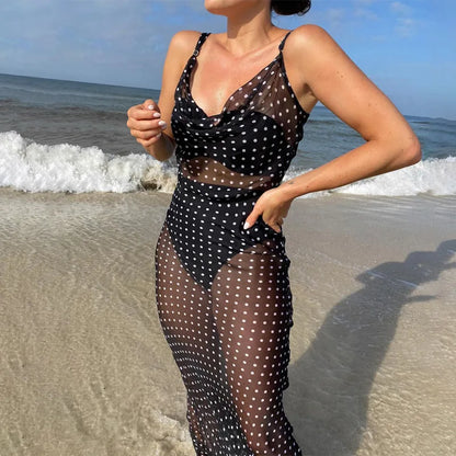 Robe Longue Femme – Maille à Pois et Dos Nu