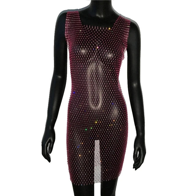 Robe de soirée en résille scintillante, strass, paillettes pour femmes