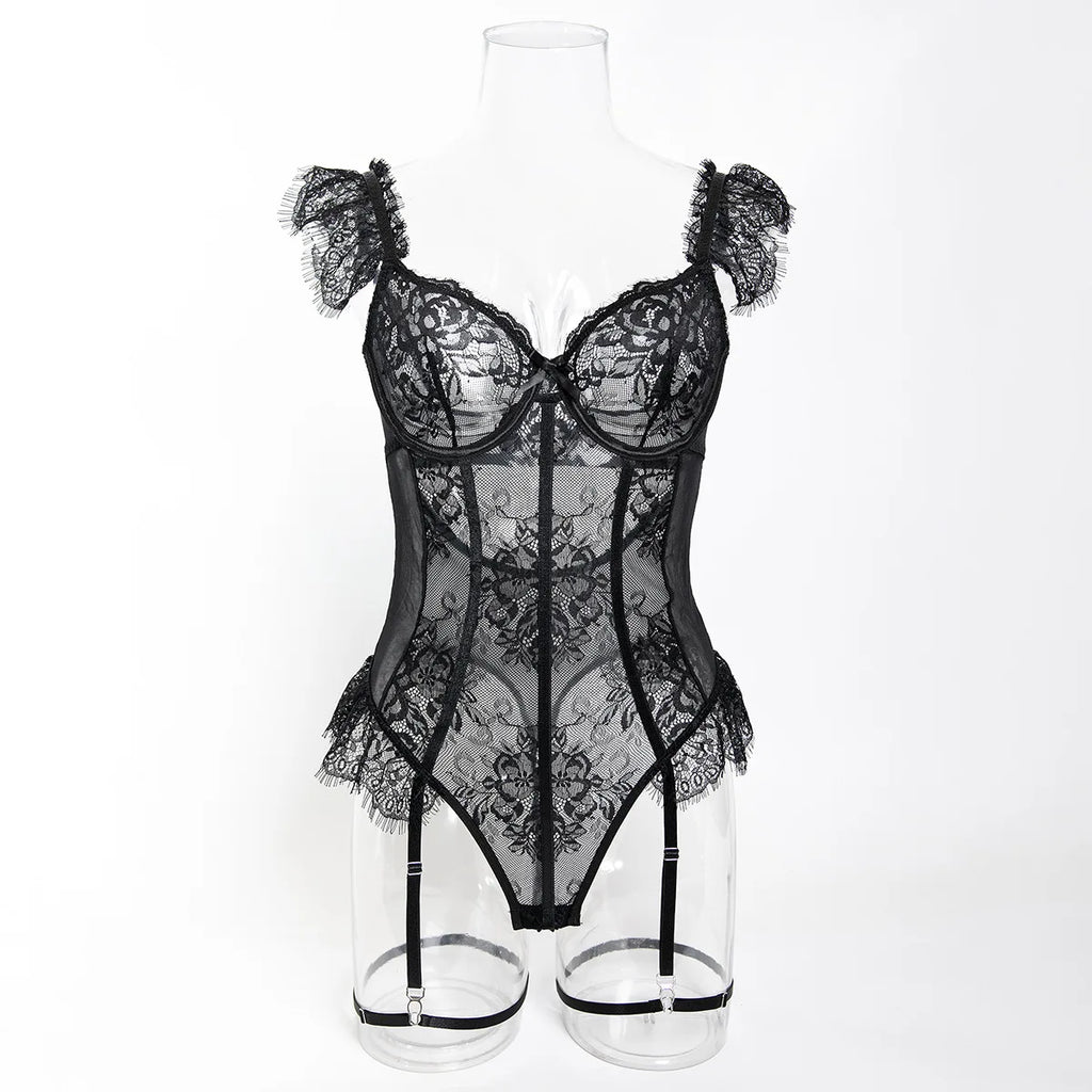 Body noir moulant en maille résille et dentelle pour femmes