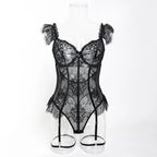 Body noir moulant en maille résille et dentelle pour femmes