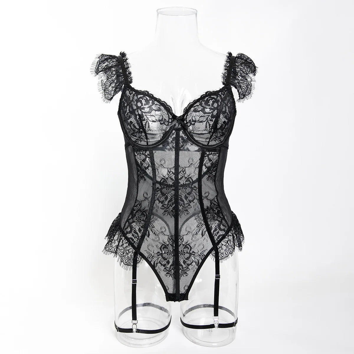 Body noir moulant en maille résille et dentelle pour femmes