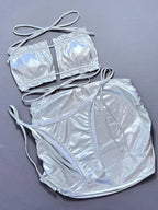 Maillot de bain trois pièces en cuir PU pour femmes