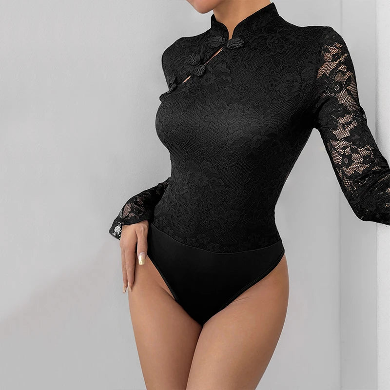 Body moulante en dentelle noire brodée pour femmes