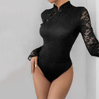 Body moulante en dentelle noire brodée pour femmes