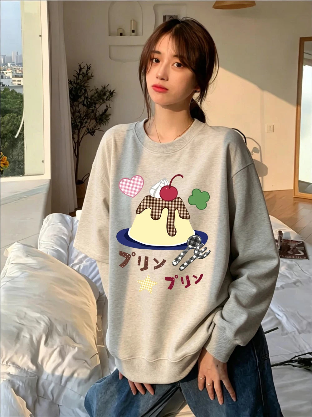 Sweat-shirts à imprimés japonais Caramel Pudding pour femmes