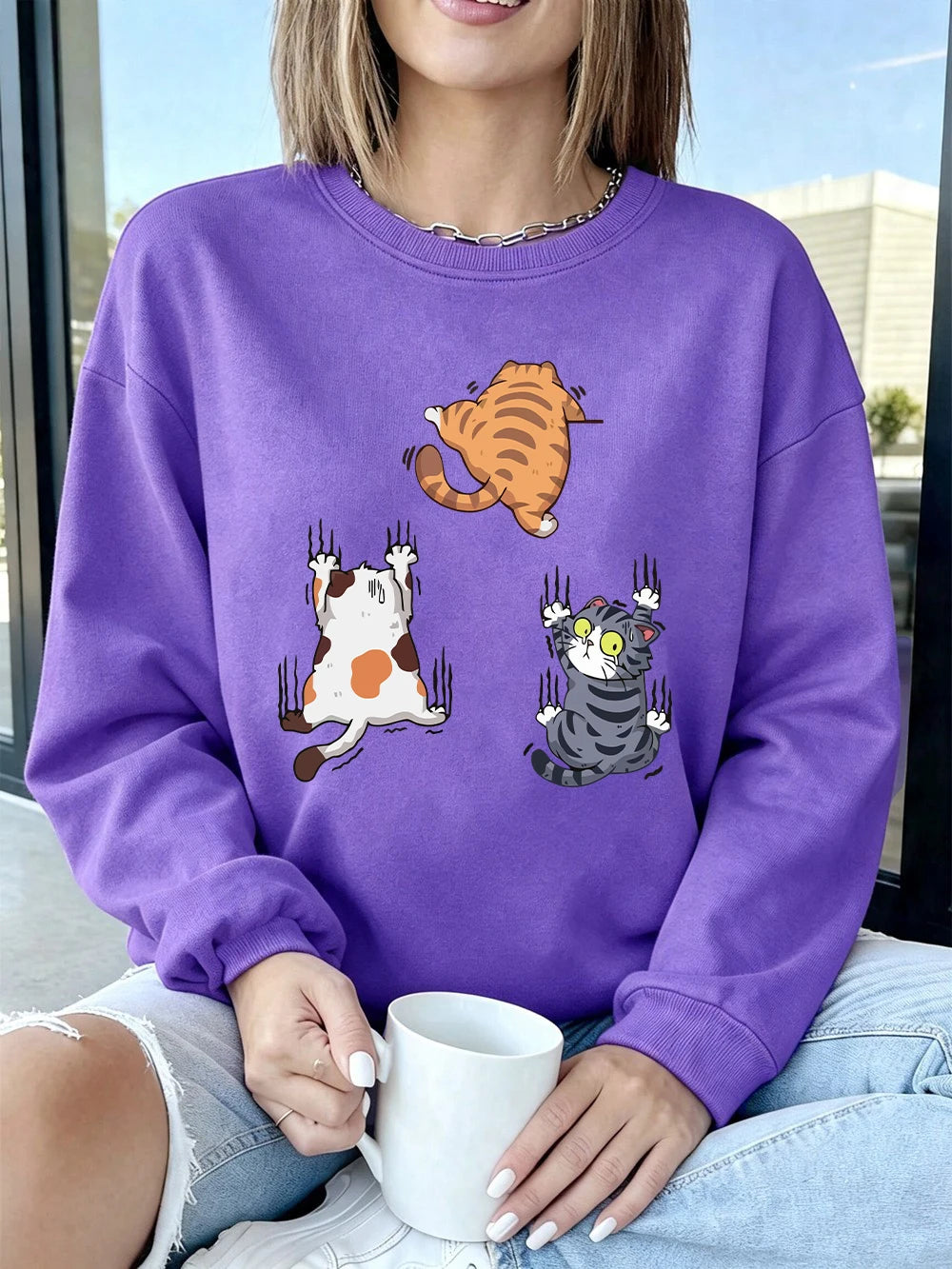 Sweat-shirt à capuche imprimé « Trois chats qui grimpent » pour femmes