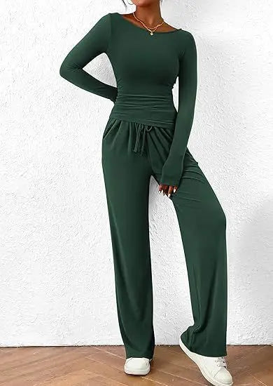 Ensemble décontracté T-shirt asymétrique à manches longues et pantalon à jambes larges pour femmes