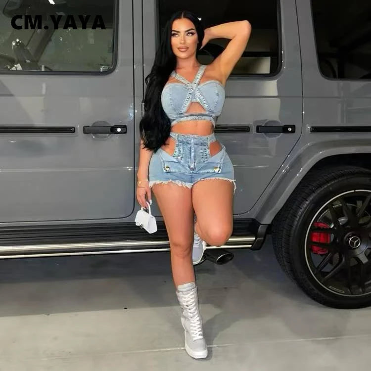 Ensembles deux 2 pièces haut court et short jean pour femmes