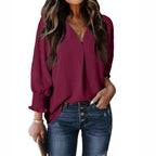 Chemise à col en V et manches longues lanterne pour femmes