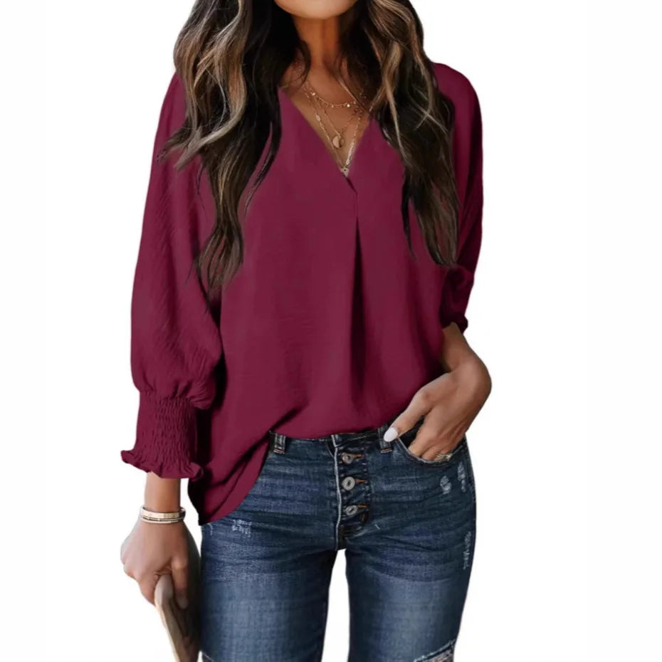 Chemise à col en V et manches longues lanterne pour femmes