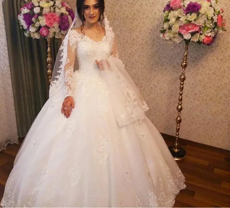 Robe De mariée de luxe à col en v, manches longues pour femmes