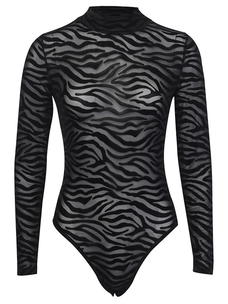 Body femme transparent en maille léopard noir à col montant