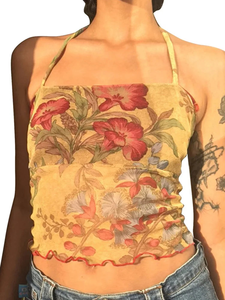 T-shirt en maille transparente à fleurs pour femmes