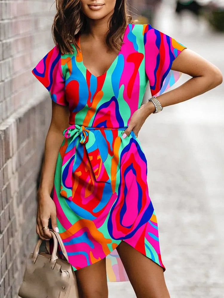 Robe d'été imprimée à col en V pour femmes