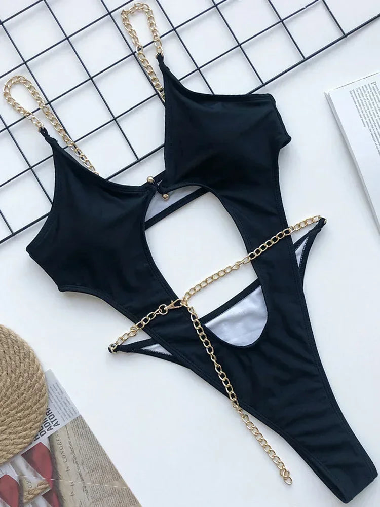 Maillot de bain deux pièces avec chaînes en métal à armatures pour femmes