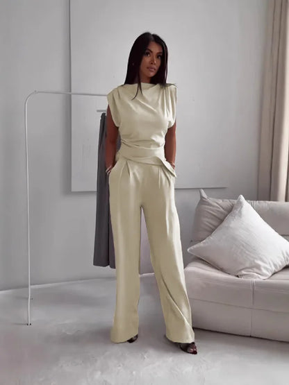 Ensemble 2 Pièces Femme – Haut Asymétrique et Pantalon Large