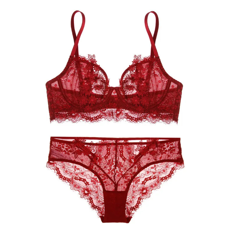 Ensemble soutien-gorge et culotte transparents en dentelle brodée pour femmes