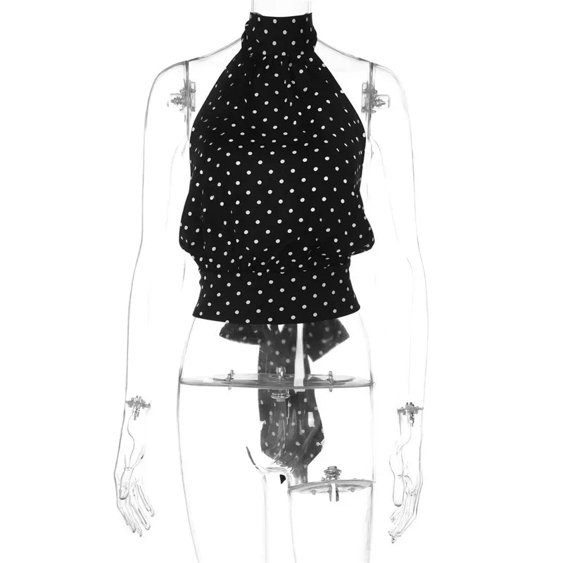 Débardeur court femme noir à pois et dos nu