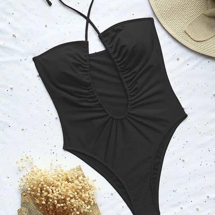 Maillot de bain une pièce avec décolleté plongeant en v et dos nu pour femmes