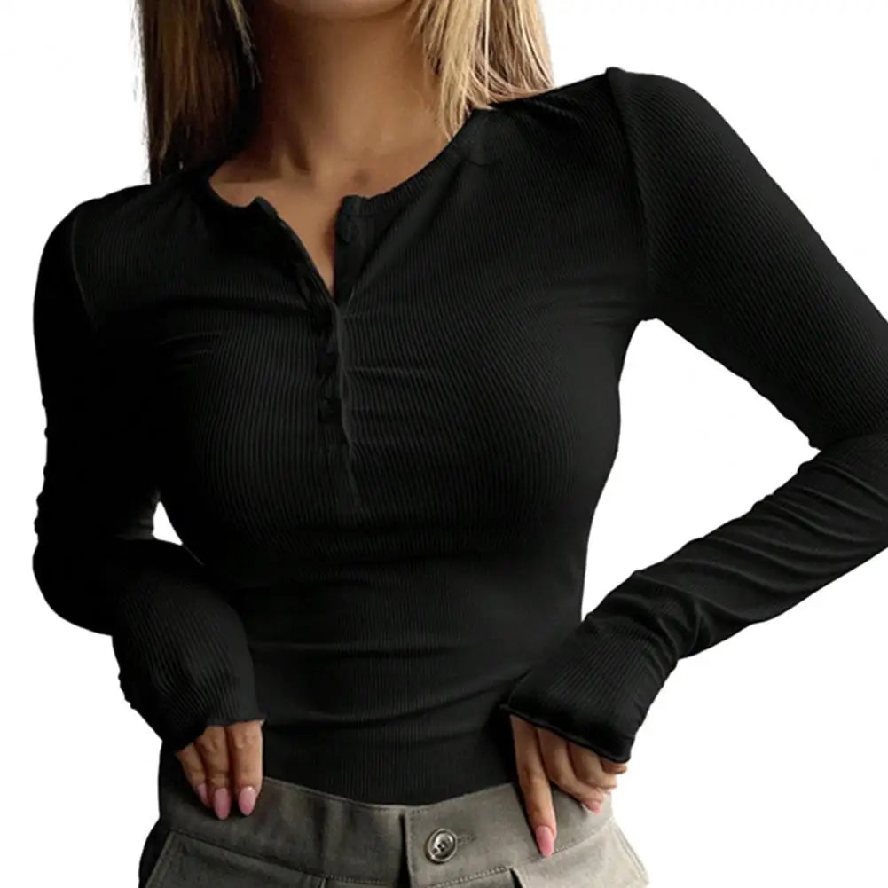 Pull à col rond bouton et manches longues pour femmes