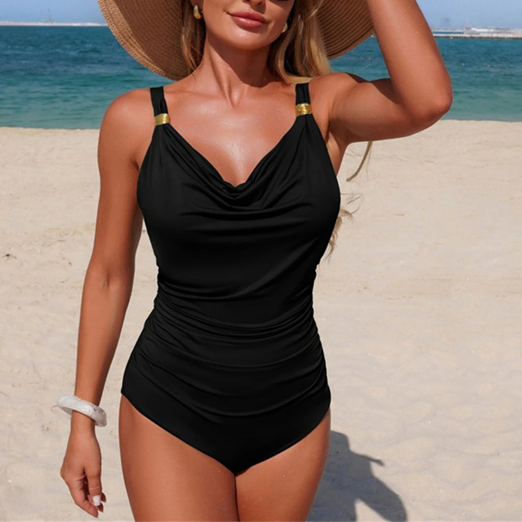 Maillot de bain une pièce couleur unie, col drapé pour femmes