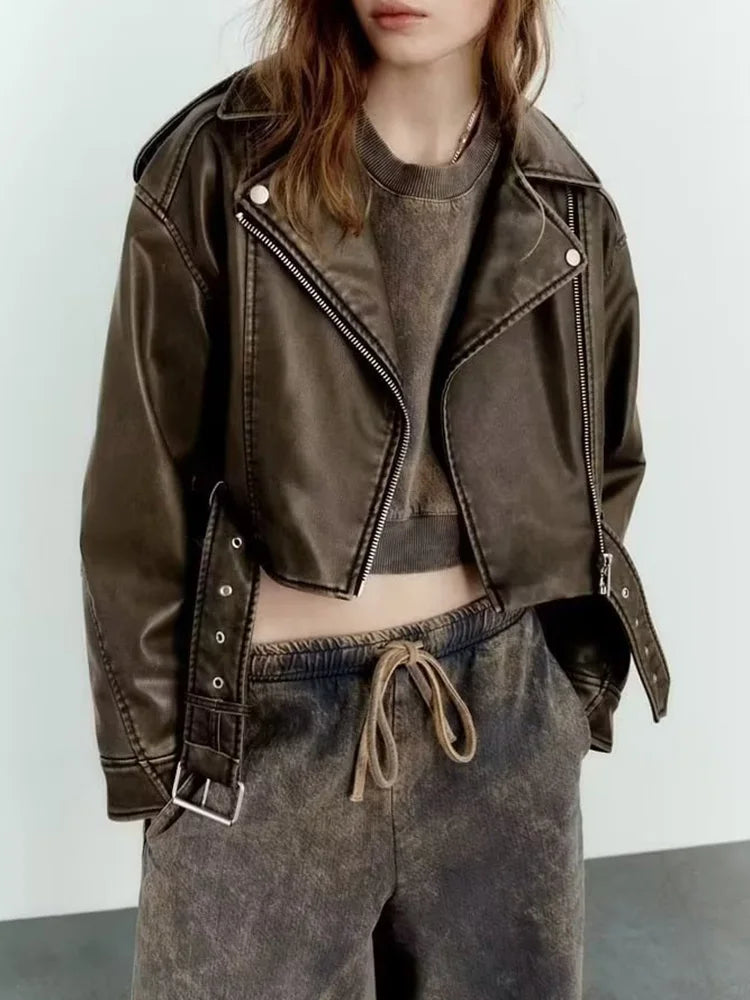 Veste courte en similicuir PU pour femmes