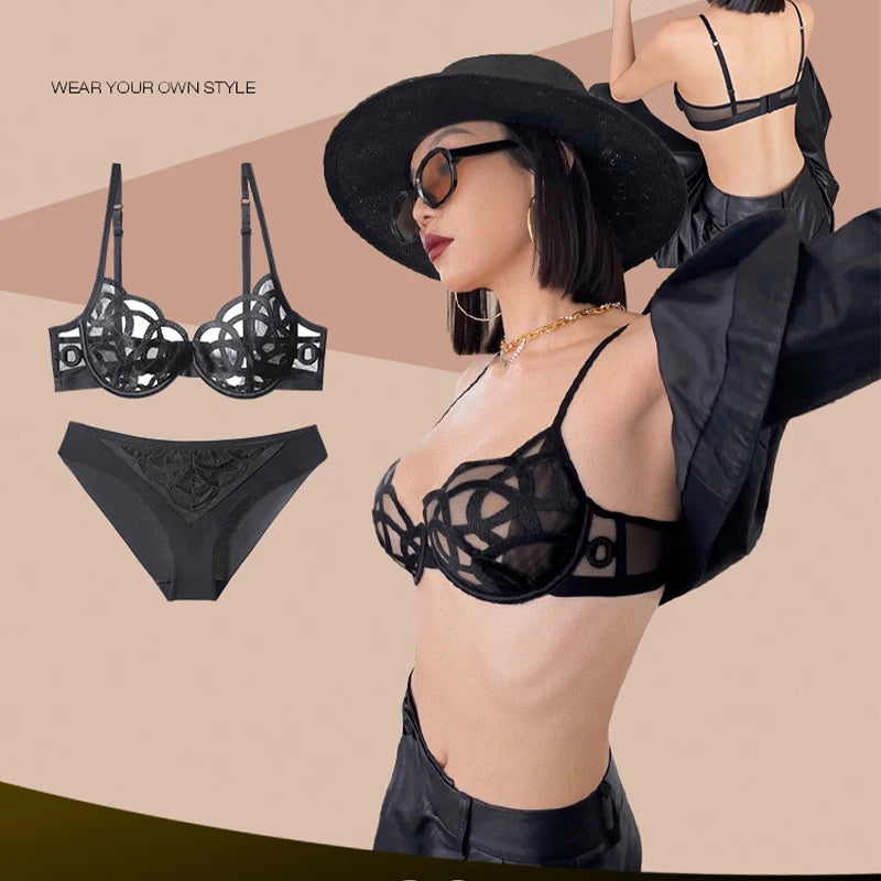 Ensemble soutien-gorge en dentelle ultra fine et respirante, string et culotte pour femmes
