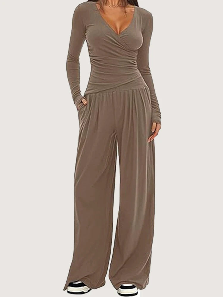 Ensemble deux pièces pantalon à jambes larges et haut à manches longues pour femmes