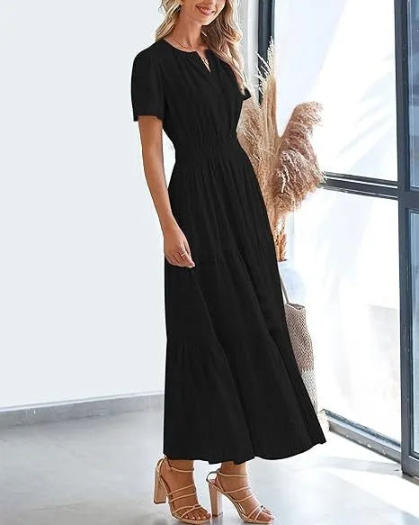 Robe longue plissée élégante style français à col en V pour femmes