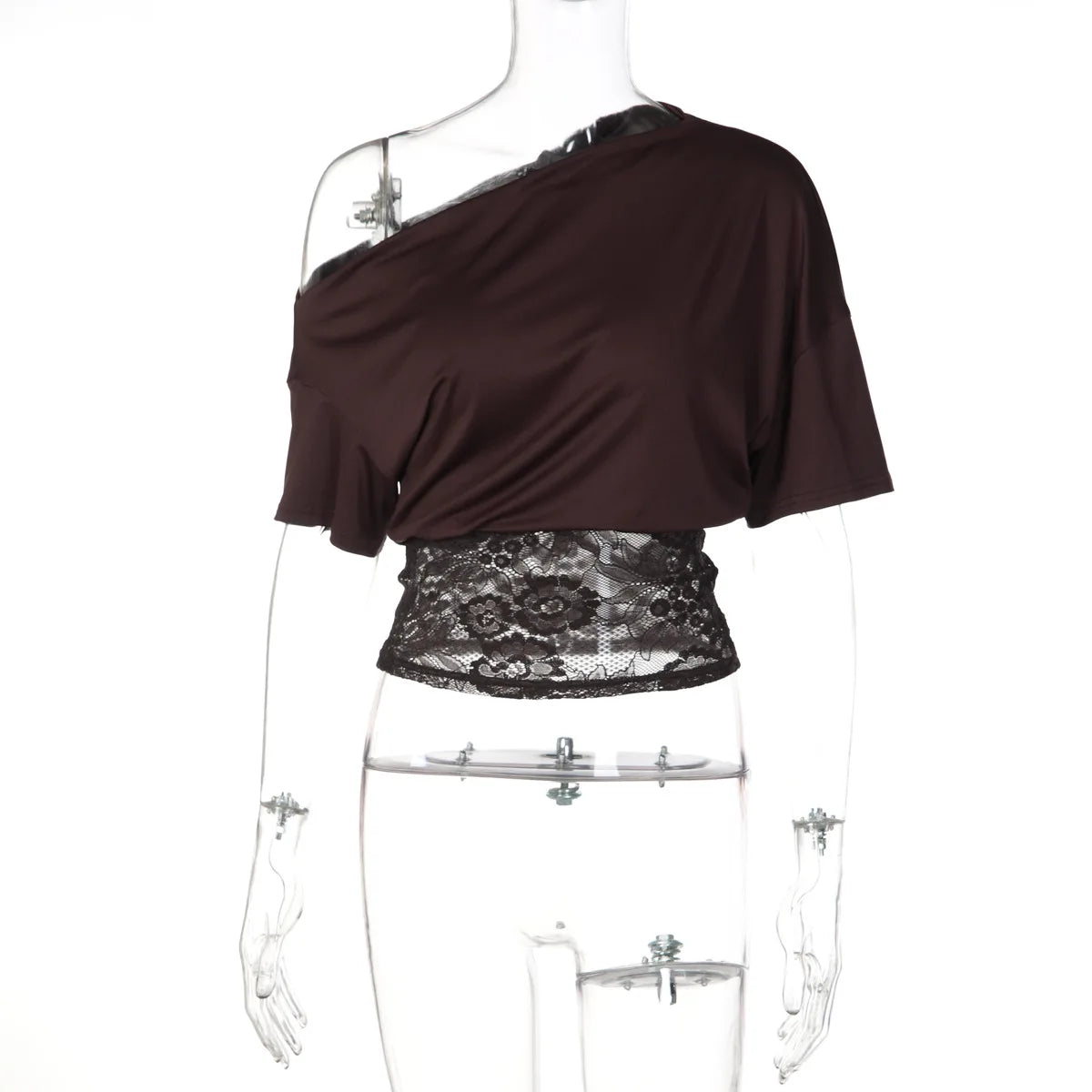 Crop Top en Dentelle Femme – Col Asymétrique et Épaules Dénudées
