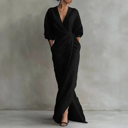 Robe femme longue froncée à col V
